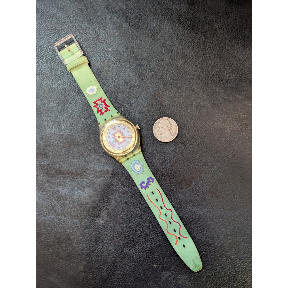 1990s  Swatch Watch 312 Green Leather Embroidered Strap Boho‎ Swiss Working
